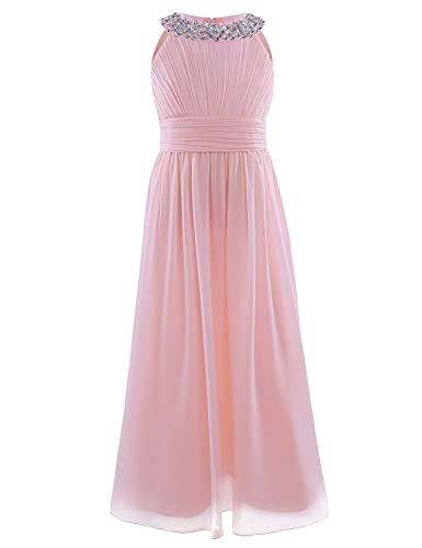 FEESHOW Kinder Mädchen Festliches Kleid Neckholder Chiffon Prinzessin Kleid Hochzeitskleid Partykleid Geburtstag Festzug Sommerkleid Perle Rosa 152/12 Jahre von FEESHOW