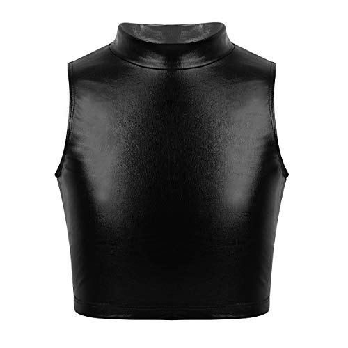 FEESHOW Kinder Mädchen Glänzend Ärmelloses Crop Top Tank Weste Metallic Tanzkostüm für Hip-Hop Jazz Ballett Performance Party Schwarz 170-176/15-16 Jahre von FEESHOW