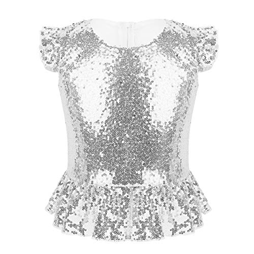 FEESHOW Kinder Mädchen Glänzend Pailletten Shirt Top Meerjungfrau Cosplay Oberteil Glitzer Tanktop Weste Party Fest Geburtstag Kostüm Silber 134-140/9-10 Jahre von FEESHOW