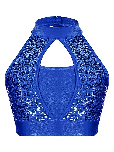 FEESHOW Kinder Mädchen Glitzer Crop Top Tank Top Bauchfrei EIN-Schulter Pailletten Shirt Ärmelloses Party Tanz Shirt Perfomance Oberteil Königsblau 122-128 von FEESHOW