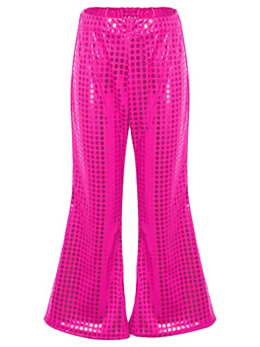 FEESHOW Kinder Mädchen Glitzer Metallic Hose Schlaghose Mit Pailletten Glänzend 70er 80er Disco Outfit Tanzhose Fasching Party Kleidung Rose 146-152/11-12 Jahre von FEESHOW