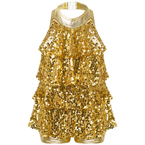 FEESHOW Kinder Mädchen Glitzer Tanzkleid Latin Ballett Jazz Neckholder Pailletten Fransen Kleid Performance Tanzkleidung Wettbewerb Dancewear Gold 176/16 Jahre von FEESHOW