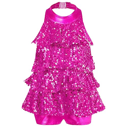 FEESHOW Kinder Mädchen Glitzer Tanzkleid Latin Ballett Jazz Neckholder Pailletten Fransen Kleid Performance Tanzkleidung Wettbewerb Dancewear Rosa 152/12 Jahre von FEESHOW