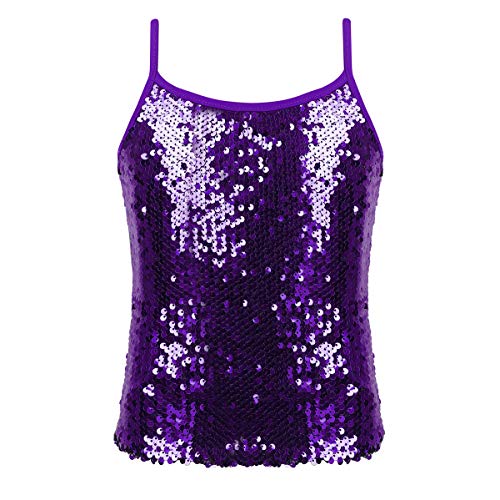 FEESHOW Kinder Mädchen Glitzernde Tank Top Pailletten Oberteil Mit Spaghettiträger Tanz Shirt Dancewear Atmungsaktiv Violett 110-116/5-6 Jahre von FEESHOW