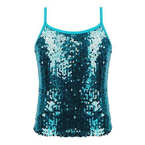 FEESHOW Kinder Mädchen Glitzernde Tank Top Pailletten Oberteil mit Spaghettiträger Tanz Shirt Dancewear Atmungsaktiv Eisblau 146-152/11-12 Jahre von FEESHOW