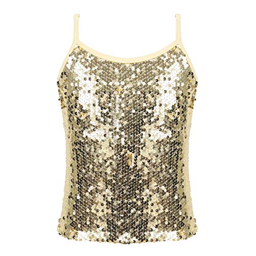 FEESHOW Kinder Mädchen Glitzernde Tank Top Pailletten Oberteil mit Spaghettiträger Tanz Shirt Dancewear Atmungsaktiv Gold 122-128/7-8 Jahre von FEESHOW