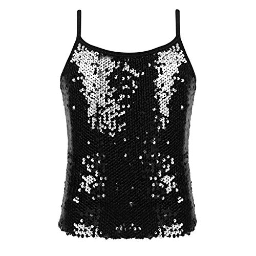 FEESHOW Kinder Mädchen Glitzernde Tank Top Pailletten Oberteil mit Spaghettiträger Tanz Shirt Dancewear Atmungsaktiv Schwarz 134-140/9-10 Jahre von FEESHOW