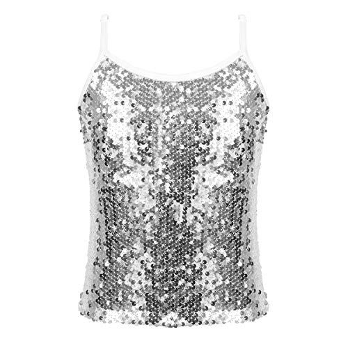 FEESHOW Kinder Mädchen Glitzernde Tank Top Pailletten Oberteil mit Spaghettiträger Tanz Shirt Dancewear Atmungsaktiv Weiß 122-128/7-8 Jahre von FEESHOW