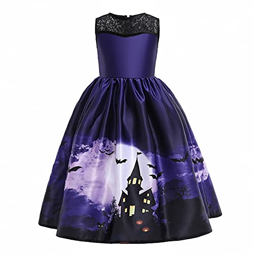 FEESHOW Kinder Mädchen Halloween Kleider Festliche Kürbis Hexe Drucken Kleid Elegant Abendkleider Party Prom Kleid Swing Rock A-Linie Type D 134-140/9-10 Jahre von FEESHOW