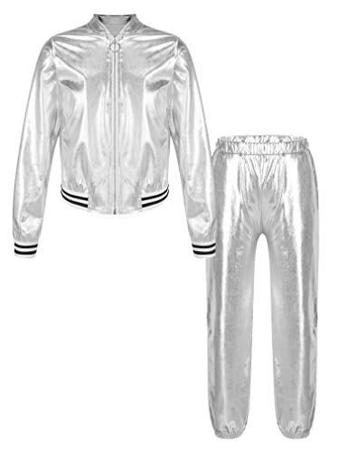 FEESHOW Kinder Mädchen Hip Hop Jazz Tanzkleidung Glänzendes Holografische Sweatjacke Bomberjacke Skaterrock/Shorts/Hose Set für Tanz Festival Party Silber_C 170 von FEESHOW