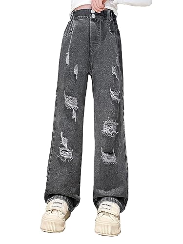 FEESHOW Kinder Mädchen Jeanshose Loch Jeans Pants mit weitem Bein Destroyed Boyfriend Denim Hose Elastische Freizeit Sporthose Dunkelgrau F 146-152 von FEESHOW