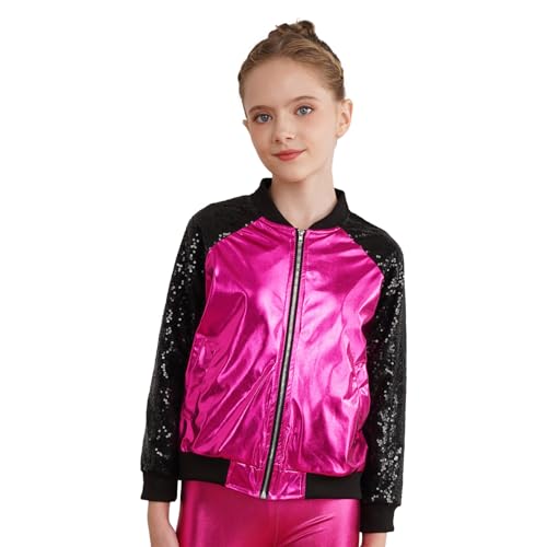 FEESHOW Kinder Mädchen Jungen Pailletten Jacke Glänzende Metallic Sweatjacke mit Reißverschluss Jazz Hip Hop Performance Tanzsport Kostüm Dancewear Hotpink_B 122-128/7-8 Jahre von FEESHOW