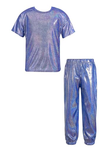 FEESHOW Kinder Mädchen Jungen Trainingsanzug Glitzer Hip Hop Tanz Jazz Kleidung Metallic T-Shirt Hose Set Faschnacht Show Party Outfit Königsblau_B 134-140 von FEESHOW