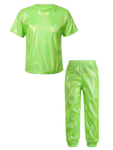 FEESHOW Kinder Mädchen Jungen Trainingsanzug Glitzer Hip Hop Tanz Jazz Kleidung Metallic T-Shirt Hose Set Faschnacht Show Party Outfit Neongrün_B 146-152 von FEESHOW