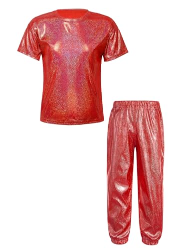 FEESHOW Kinder Mädchen Jungen Trainingsanzug Glitzer Hip Hop Tanz Jazz Kleidung Metallic T-Shirt Hose Set Faschnacht Show Party Outfit Rot_B 122-128 von FEESHOW