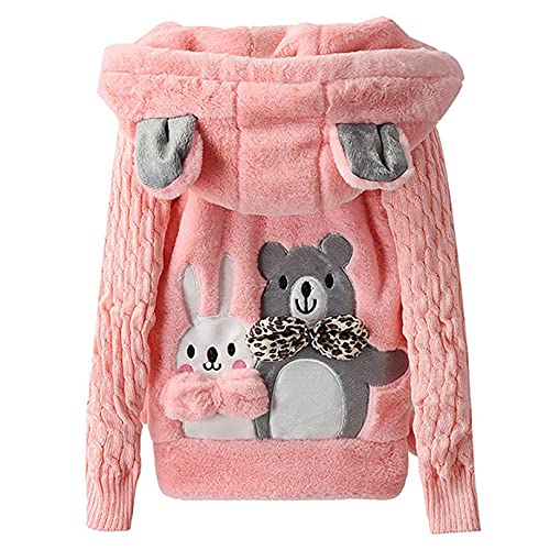 FEESHOW Kinder Mädchen Warme Teddy Fleece Jacken Mäntel mit Kapuze Niedliche Bär Ohr Hoodie Kapuzenjacke Übergangsjacke Herbst Winter Outwear Rosa 110-116 von FEESHOW