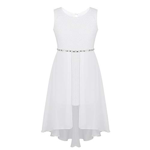 FEESHOW Kinder Mädchen Kleid Chiffon Ärmelloser Cocktailkleid Glitzer Strass Abendkleid asymmetrischer Rock für Party Festzug Weiß 164/14 Jahre von FEESHOW