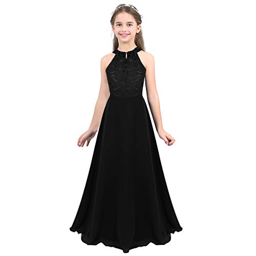 FEESHOW Kinder Mädchen Festliches Kleid Neckholder Spitze Chiffon Kleid A-Linie Hochzeit Party Abendkleid Festzug Geburtstag Ballkleid Maxi Schwarz 164/14 Jahre von FEESHOW