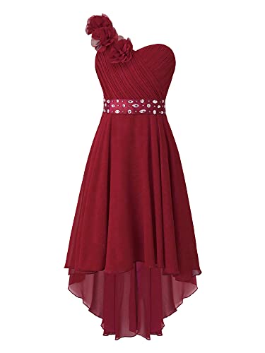 FEESHOW Kinder Mädchen Kleid Festlich Chiffonkleid mit Blumen-Einschulter Design Blumenmädchenkleid Abendkleid für Hochzeit Geburtstag Party Burgundy_E 170-176/15-16 Jahre von FEESHOW