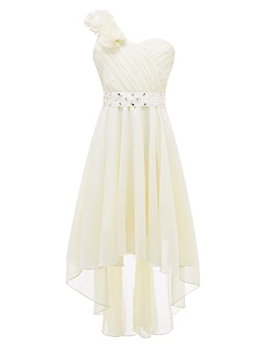 FEESHOW Kinder Mädchen Kleid Festlich Chiffonkleid mit Blumen-Einschulter Design Blumenmädchenkleid Abendkleid für Hochzeit Geburtstag Party Champagne_E 146-152/11-12 Jahre von FEESHOW