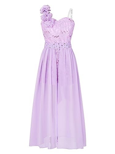 FEESHOW Kinder Mädchen Kleid Festlich Chiffonkleid mit Blumen-Einschulter Design Blumenmädchenkleid Abendkleid für Hochzeit Geburtstag Party Lavendel_K 134-140/9-10 Jahre von FEESHOW