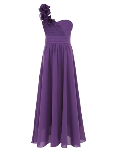 FEESHOW Kinder Mädchen Kleid Festlich Chiffonkleid mit Blumen-Einschulter Design Blumenmädchenkleid Abendkleid für Hochzeit Geburtstag Party Purpur 164 von FEESHOW