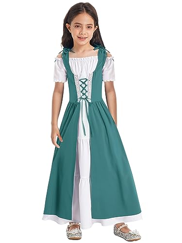 FEESHOW Kinder Mädchen Kleider Mittelalter Renaissance Prinzessin Kleid Festlich Partykleid Festkleid Ballkleid Abendkleid Tanzkleidung Grün_A 146-152 von FEESHOW
