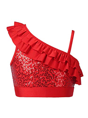 FEESHOW Kinder Mädchen Pailletten Crop Top Ärmelloses Spagehttiträger Tank Top Glitzer Shirt Bauchfrei Ballett Tanz Perfomance Oberteil Outfit Rot_B 134-140 von FEESHOW