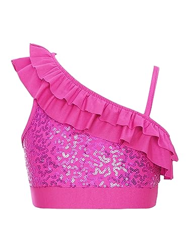 FEESHOW Kinder Mädchen Pailletten Crop Top Ärmelloses Spagehttiträger Tank Top Glitzer Shirt Bauchfrei Ballett Tanz Perfomance Oberteil Outfit Hotpink_B 122-128 von FEESHOW