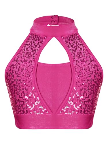 FEESHOW Kinder Mädchen Pailletten Crop Top Ärmelloses Spagehttiträger Tank Top Glitzer Shirt Bauchfrei Ballett Tanz Perfomance Oberteil Outfit Hotpink_F 146-152 von FEESHOW