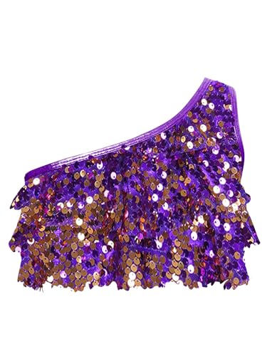 FEESHOW Kinder Mädchen Pailletten Crop Top Ärmelloses Spagehttiträger Tank Top Glitzer Shirt Bauchfrei Ballett Tanz Perfomance Oberteil Outfit Violett_C 122-128 von FEESHOW