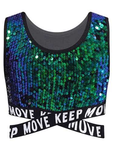 FEESHOW Kinder Mädchen Pailletten Shirt Glitzer Crop Tank Top Bauchfrei Coole Disco Outfit Hip Hop Streetdance Kleidung Oberteil Grün 134-140 von FEESHOW