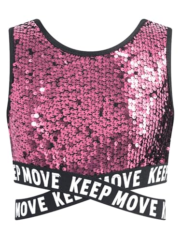 FEESHOW Kinder Mädchen Pailletten Shirt Glitzer Crop Tank Top Bauchfrei Coole Disco Outfit Hip Hop Streetdance Kleidung Oberteil Rosa 122-128 von FEESHOW