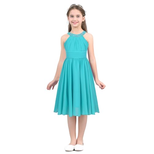 FEESHOW Kinder Mädchen Festliche Chiffon Kleider Hochzeit Blumenmädchenkleid Neckholder Prinzessin Kleid Abendkleid Partykleid für Cocktail Geburtstag Festzug Türkis 128/8 Jahre von FEESHOW