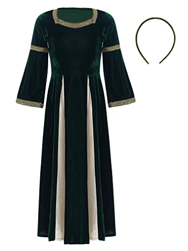 FEESHOW Kinder Mädchen Prinzessin Kleid Mittelalterliches Kleid Retro Mittelalter Renaissance Kleid Halloween Karneval Partykleid Ballkleid E_Dunkelgrün 152-164 von FEESHOW