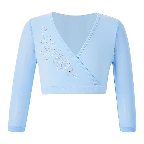 FEESHOW Kinder Mädchen Schulterjacke Langarm Ballett Bolero Top Tanz Gymnastik Jäckchen Baumwolle/Mesh Hellblau G 146-152 von FEESHOW