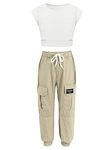 FEESHOW Kinder Mädchen Sommer Kleidung 2 Stücke Outfits Kurzarm T-Shirt Tops mit Baggy Cargo Hosen Set Coole Streetdance Tanzkleidung Elfenbein&Beige_B 152/12 Jahre von FEESHOW