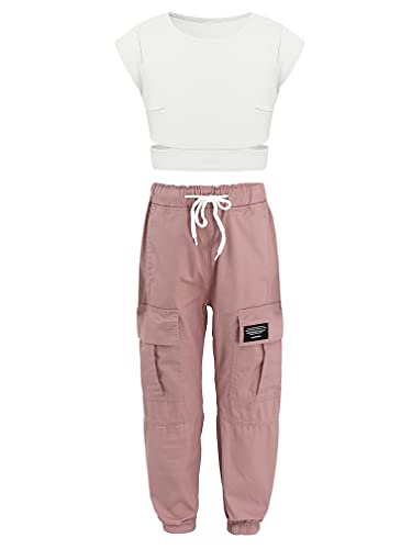 FEESHOW Kinder Mädchen Sommer Kleidung 2 Stücke Outfits Kurzarm T-Shirt Tops mit Baggy Cargo Hosen Set Coole Streetdance Tanzkleidung Elfenbein&Rosa_N 140/10 Jahre von FEESHOW