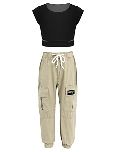 FEESHOW Kinder Mädchen Sommer Kleidung 2 Stücke Outfits Kurzarm T-Shirt Tops mit Baggy Cargo Hosen Set Coole Streetdance Tanzkleidung Schwarz&Beige_B 140/10 Jahre von FEESHOW