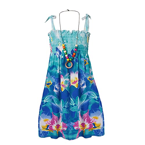 FEESHOW Kinder Mädchen Sommerkleid Boho Strandkleid Spaghettiträger Blumen Regenbogen Kleider mit/Ohne Halskette Casual Urlaub Outfit Blau_C 128-140 von FEESHOW