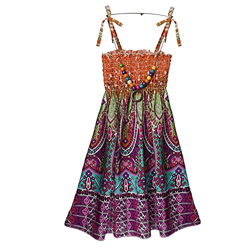 FEESHOW Kinder Mädchen Sommerkleid Boho Strandkleid Spaghettiträger Blumen Regenbogen Kleider mit/Ohne Halskette Casual Urlaub Outfit Orange_C 140-152 von FEESHOW