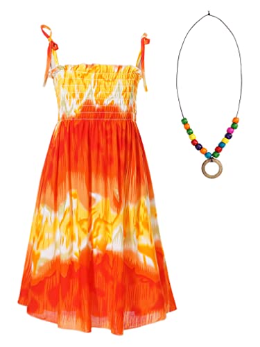 FEESHOW Kinder Mädchen Sommerkleid Boho Strandkleid Spaghettiträger Blumen Regenbogen Kleider mit/Ohne Halskette Casual Urlaub Outfit W_Orange 134-140/9-10 Jahre von FEESHOW