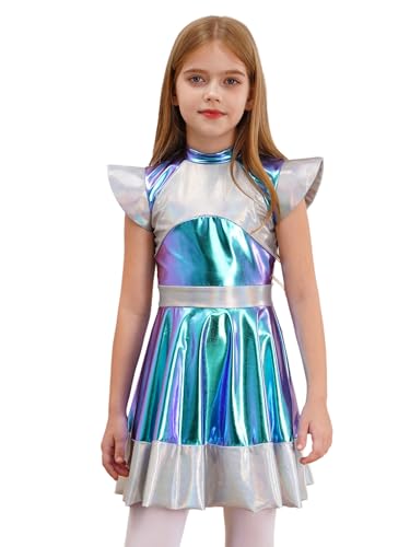 FEESHOW Kinder Mädchen Space Girl Outfit Alien Kleid Glitzer Metallic Tanzkleid Partykleid A-Linie Für Karneval Halloween Bühnen Silber 170 von FEESHOW