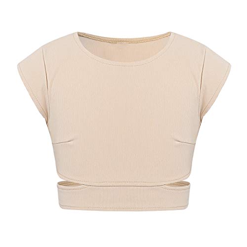 FEESHOW Kinder Mädchen Sport Top T-Shirt Kurz Oberteile Bauchfrei Stretch Sport BH/Shirt Für Ballett Tanz Workout Fitness Nude 134-140 von FEESHOW