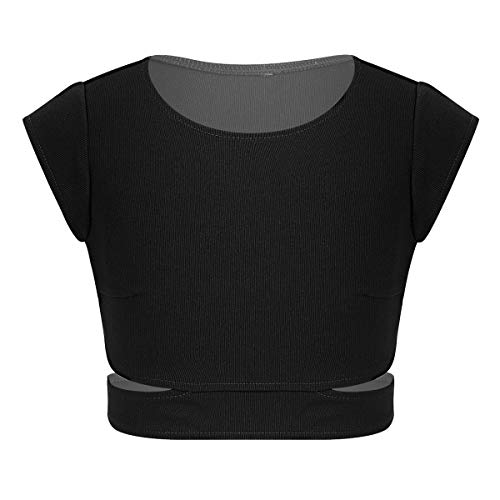 FEESHOW Kinder Mädchen Sport Top T-Shirt Kurz Oberteile Bauchfrei Stretch Sport BH/Shirt Für Ballett Tanz Workout Fitness Schwarz 110-116 von FEESHOW