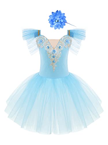 FEESHOW Kinder Mädchen Tanzkleider Tutu Ballett Leotard Tütü Kleid Ballett Outfit Schwanensee Prinzessin Ballerina Kostüm Hellblau 110-116/5-6 Jahre von FEESHOW