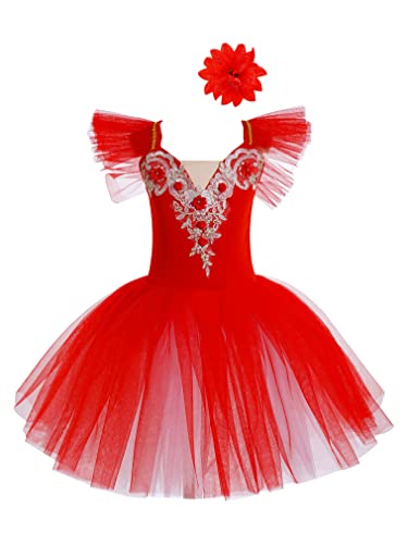 FEESHOW Kinder Mädchen Tanzkleider Tutu Ballett Leotard Tütü Kleid Ballett Outfit Schwanensee Prinzessin Ballerina Kostüm Rot 134-140/9-10 Jahre von FEESHOW