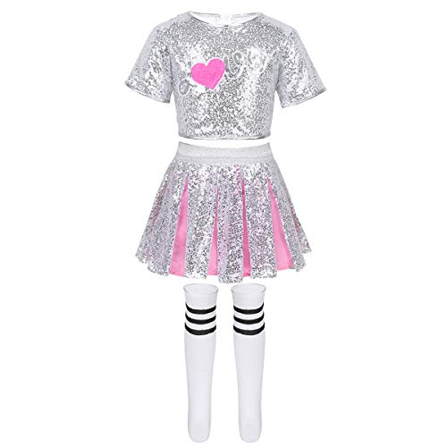 FEESHOW Kinder Mädchen Tanzkostüm Hip-Hop Jazz Bekleidung Glänzend Top Minirock Socken Set Weihnachten Verkleidung Silber&Rosa 120cm von FEESHOW