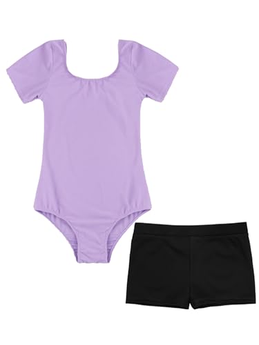 FEESHOW Kinder Mädchen Turnanzug Kurzarm/Langarm Mit Kurze Hose Ballettanzug Leotard Set Gymnastikbody Turntrikot Und Shorts Tanzoutfit Wettkampf Trainingsoutfit Lavendel&Schwarz_A 134-140 von FEESHOW