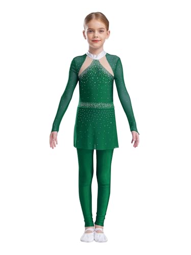FEESHOW Kinder Mädchen Turnanzug Langarm Ganzkörper Gymnastik Trikot Eiskunstlauf Body Anzug Ballett Tanzkostüm Grün 170 von FEESHOW